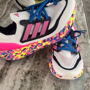 adidas White Sneakers with Pink, Neon Yellow & Blue Accents